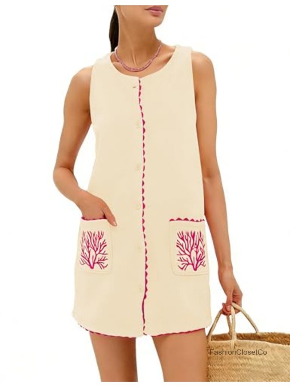 Sleeveless Shift Dress Scalloped Trim Sun Dress